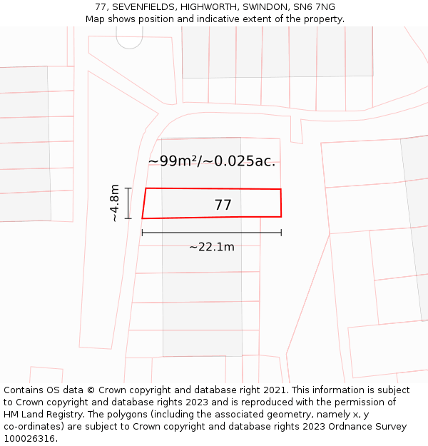 77, SEVENFIELDS, HIGHWORTH, SWINDON, SN6 7NG: Plot and title map