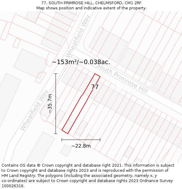 77, SOUTH PRIMROSE HILL, CHELMSFORD, CM1 2RF: Plot and title map