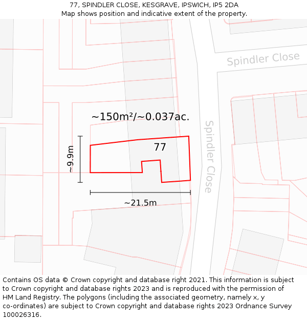 77, SPINDLER CLOSE, KESGRAVE, IPSWICH, IP5 2DA: Plot and title map