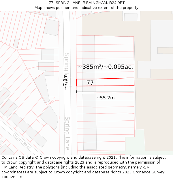 77, SPRING LANE, BIRMINGHAM, B24 9BT: Plot and title map