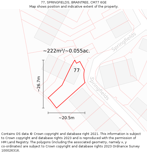 77, SPRINGFIELDS, BRAINTREE, CM77 6GE: Plot and title map