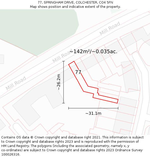 77, SPRINGHAM DRIVE, COLCHESTER, CO4 5FN: Plot and title map