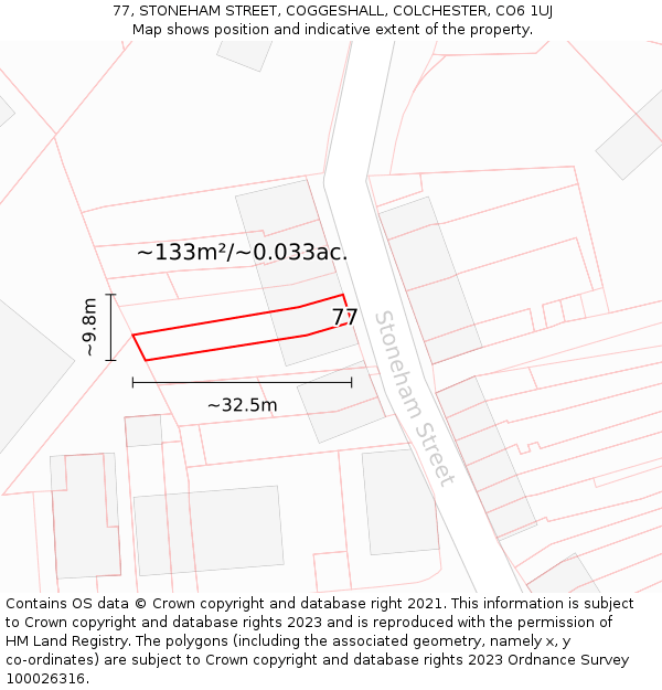 77, STONEHAM STREET, COGGESHALL, COLCHESTER, CO6 1UJ: Plot and title map