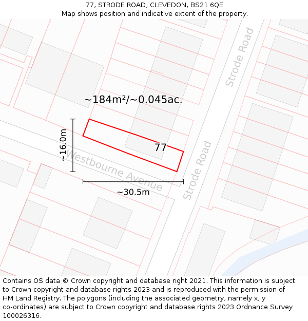 77, STRODE ROAD, CLEVEDON, BS21 6QE: Plot and title map