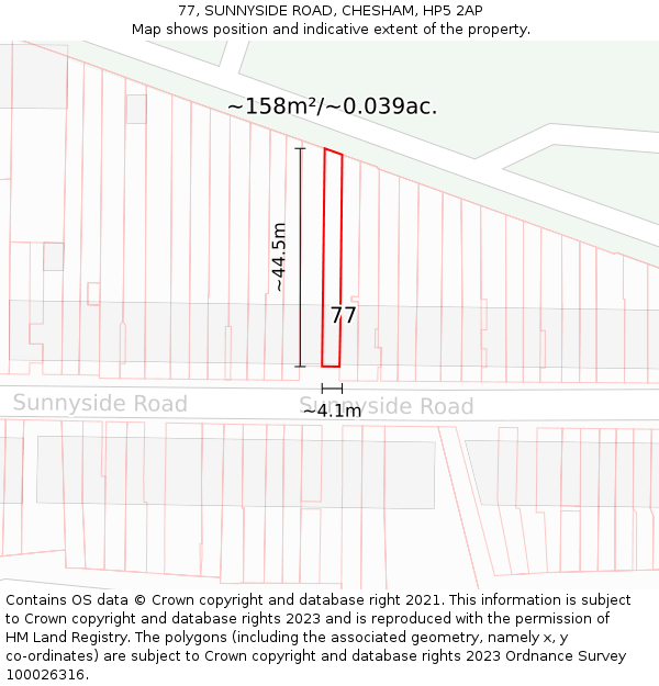 77, SUNNYSIDE ROAD, CHESHAM, HP5 2AP: Plot and title map