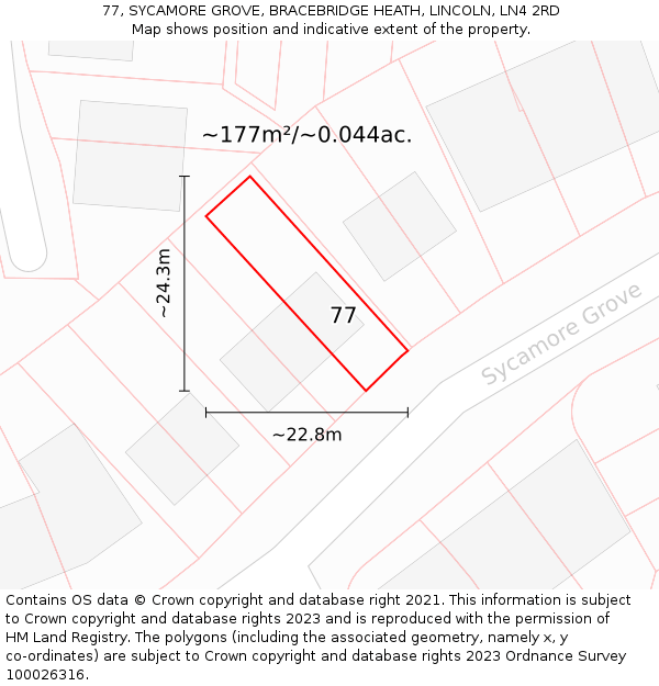 77, SYCAMORE GROVE, BRACEBRIDGE HEATH, LINCOLN, LN4 2RD: Plot and title map
