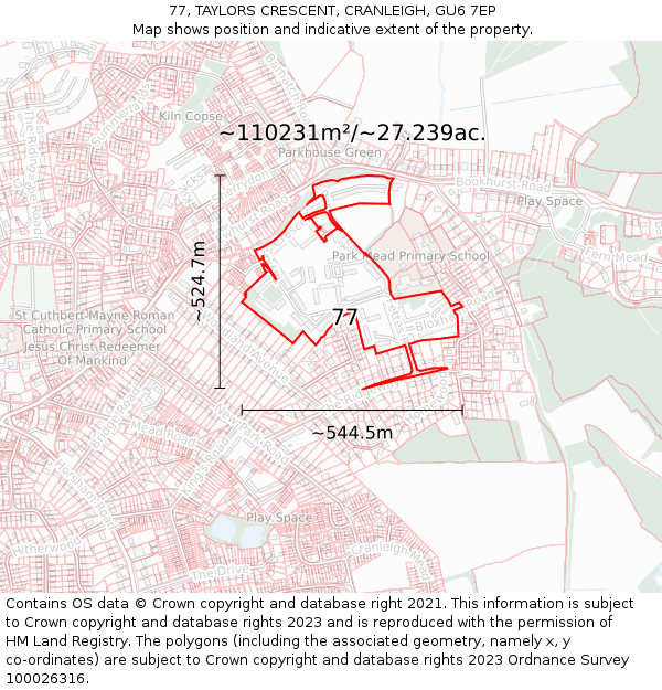 77, TAYLORS CRESCENT, CRANLEIGH, GU6 7EP: Plot and title map