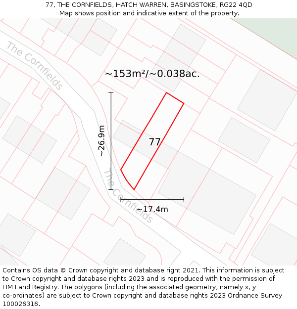 77, THE CORNFIELDS, HATCH WARREN, BASINGSTOKE, RG22 4QD: Plot and title map