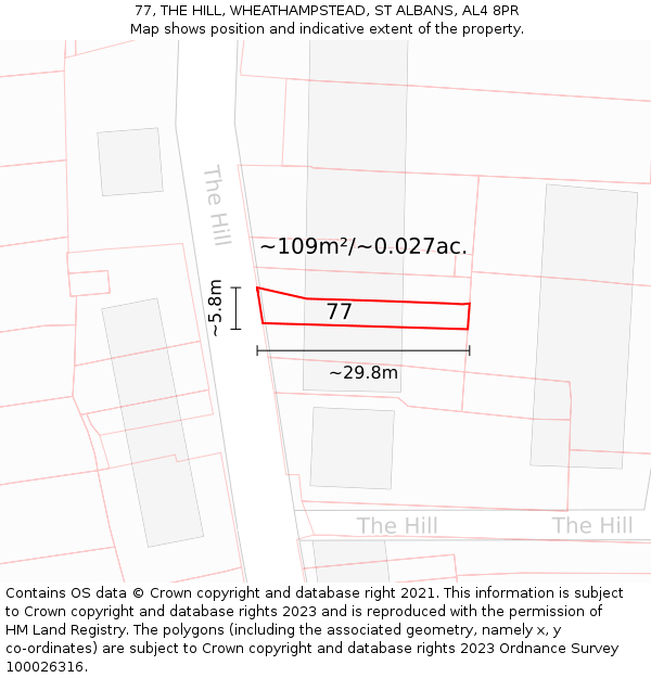 77, THE HILL, WHEATHAMPSTEAD, ST ALBANS, AL4 8PR: Plot and title map