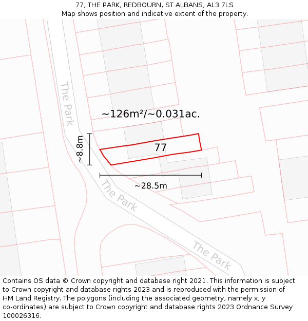 77, THE PARK, REDBOURN, ST ALBANS, AL3 7LS: Plot and title map