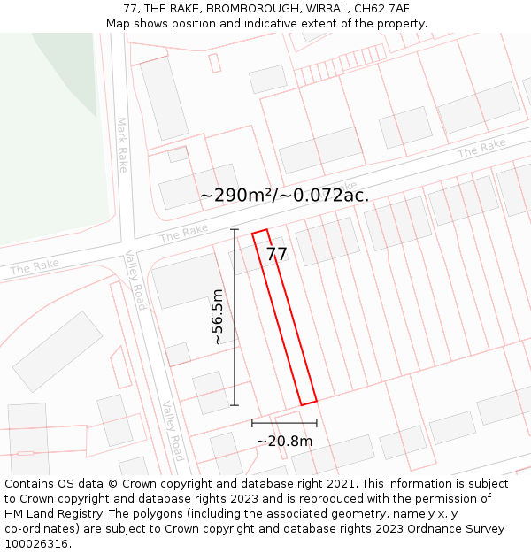 77, THE RAKE, BROMBOROUGH, WIRRAL, CH62 7AF: Plot and title map