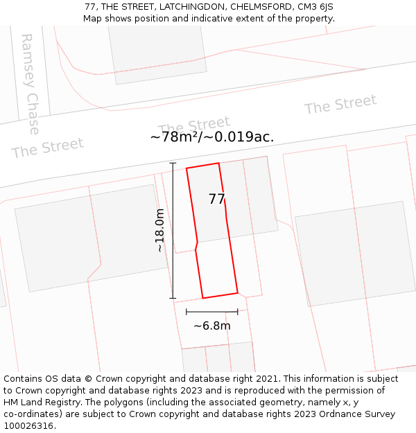 77, THE STREET, LATCHINGDON, CHELMSFORD, CM3 6JS: Plot and title map