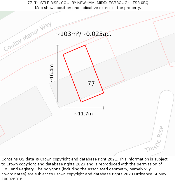 77, THISTLE RISE, COULBY NEWHAM, MIDDLESBROUGH, TS8 0RQ: Plot and title map
