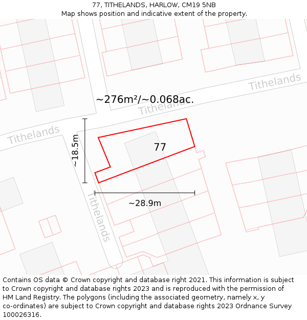 77, TITHELANDS, HARLOW, CM19 5NB: Plot and title map