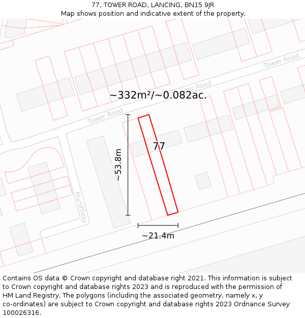 77, TOWER ROAD, LANCING, BN15 9JR: Plot and title map