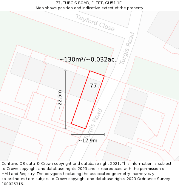 77, TURGIS ROAD, FLEET, GU51 1EL: Plot and title map