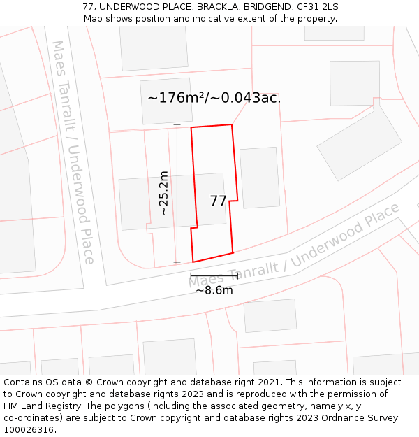 77, UNDERWOOD PLACE, BRACKLA, BRIDGEND, CF31 2LS: Plot and title map