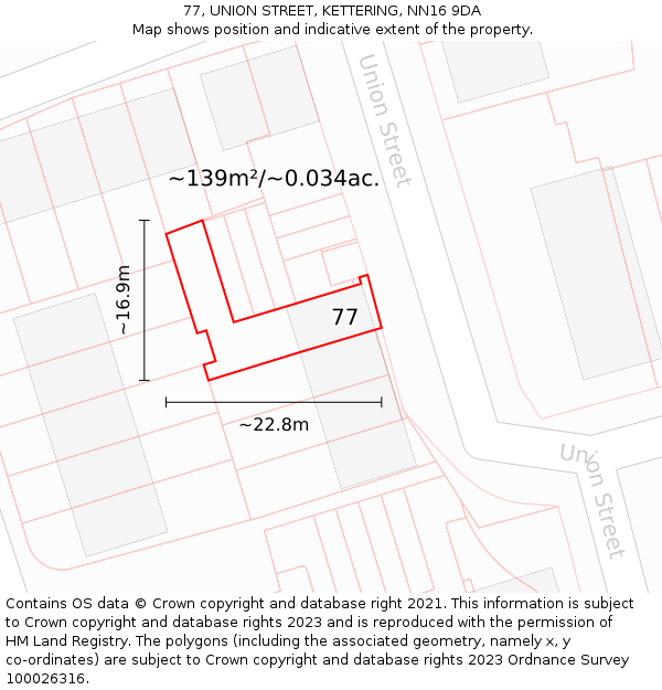 77, UNION STREET, KETTERING, NN16 9DA: Plot and title map