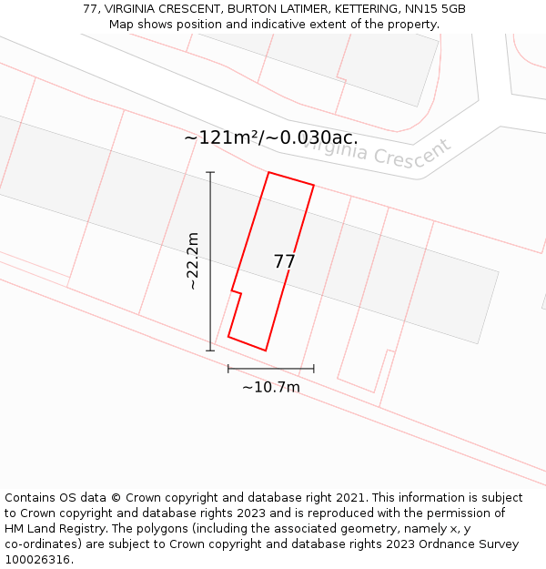 77, VIRGINIA CRESCENT, BURTON LATIMER, KETTERING, NN15 5GB: Plot and title map
