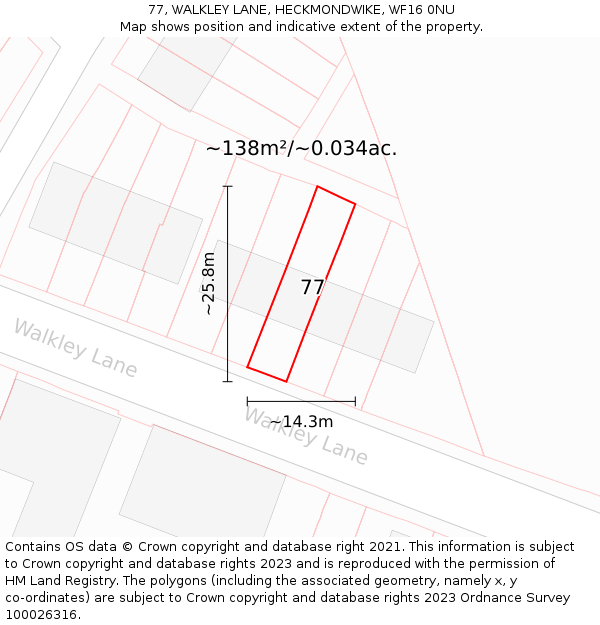 77, WALKLEY LANE, HECKMONDWIKE, WF16 0NU: Plot and title map
