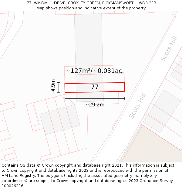 77, WINDMILL DRIVE, CROXLEY GREEN, RICKMANSWORTH, WD3 3FB: Plot and title map
