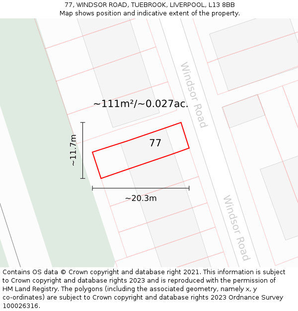 77, WINDSOR ROAD, TUEBROOK, LIVERPOOL, L13 8BB: Plot and title map