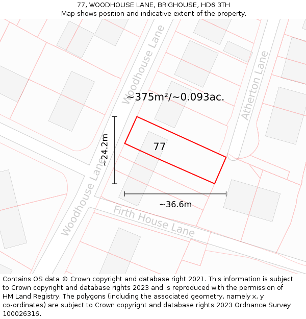 77, WOODHOUSE LANE, BRIGHOUSE, HD6 3TH: Plot and title map
