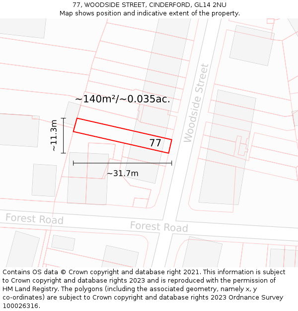 77, WOODSIDE STREET, CINDERFORD, GL14 2NU: Plot and title map