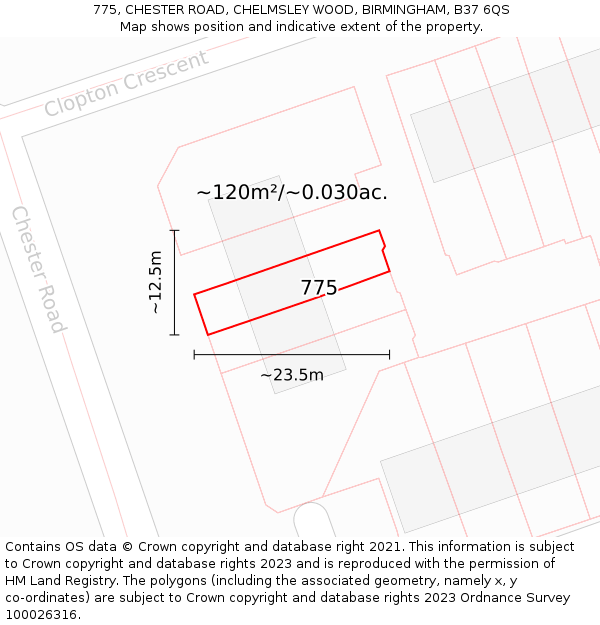 775, CHESTER ROAD, CHELMSLEY WOOD, BIRMINGHAM, B37 6QS: Plot and title map