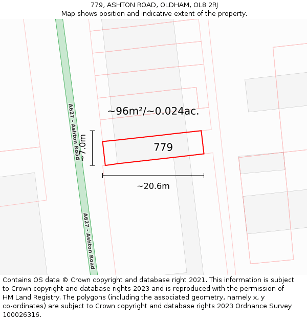779, ASHTON ROAD, OLDHAM, OL8 2RJ: Plot and title map