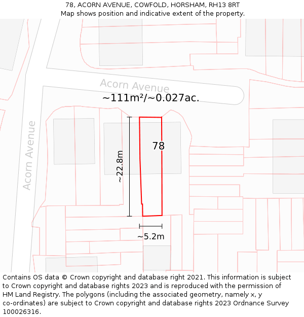 78, ACORN AVENUE, COWFOLD, HORSHAM, RH13 8RT: Plot and title map