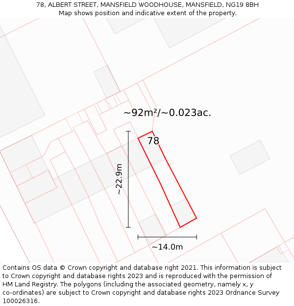 78, ALBERT STREET, MANSFIELD WOODHOUSE, MANSFIELD, NG19 8BH: Plot and title map