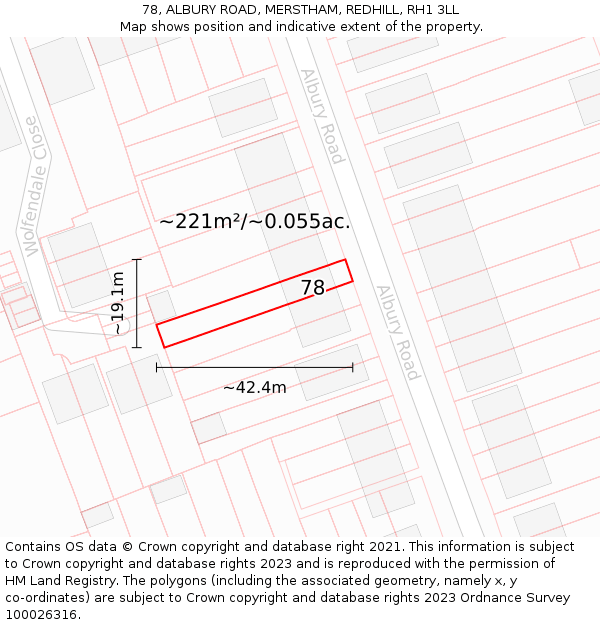 78, ALBURY ROAD, MERSTHAM, REDHILL, RH1 3LL: Plot and title map