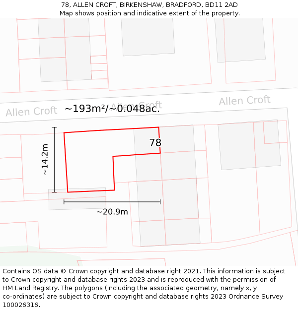 78, ALLEN CROFT, BIRKENSHAW, BRADFORD, BD11 2AD: Plot and title map