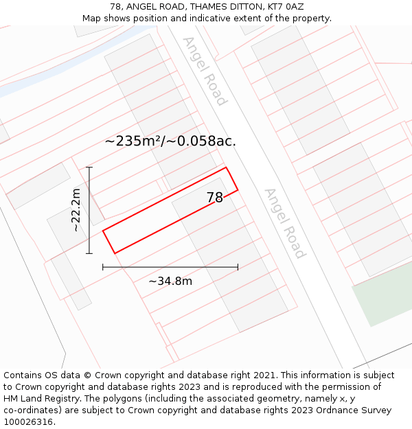 78, ANGEL ROAD, THAMES DITTON, KT7 0AZ: Plot and title map