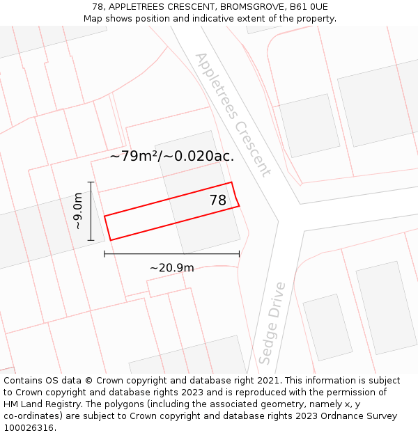 78, APPLETREES CRESCENT, BROMSGROVE, B61 0UE: Plot and title map
