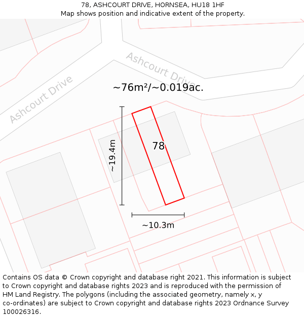 78, ASHCOURT DRIVE, HORNSEA, HU18 1HF: Plot and title map