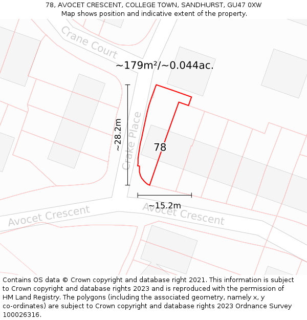 78, AVOCET CRESCENT, COLLEGE TOWN, SANDHURST, GU47 0XW: Plot and title map