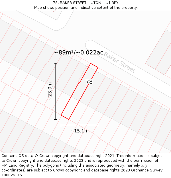 78, BAKER STREET, LUTON, LU1 3PY: Plot and title map