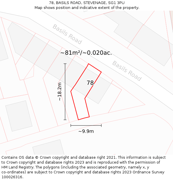 78, BASILS ROAD, STEVENAGE, SG1 3PU: Plot and title map