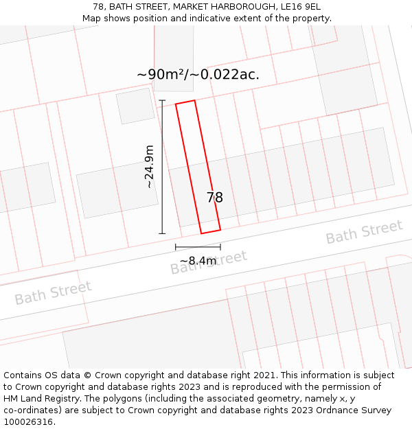 78, BATH STREET, MARKET HARBOROUGH, LE16 9EL: Plot and title map