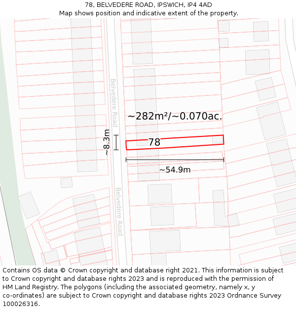 78, BELVEDERE ROAD, IPSWICH, IP4 4AD: Plot and title map