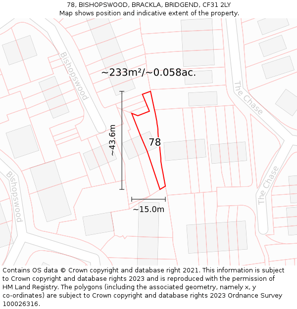 78, BISHOPSWOOD, BRACKLA, BRIDGEND, CF31 2LY: Plot and title map