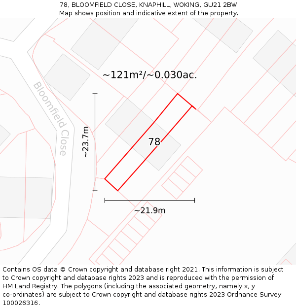 78, BLOOMFIELD CLOSE, KNAPHILL, WOKING, GU21 2BW: Plot and title map