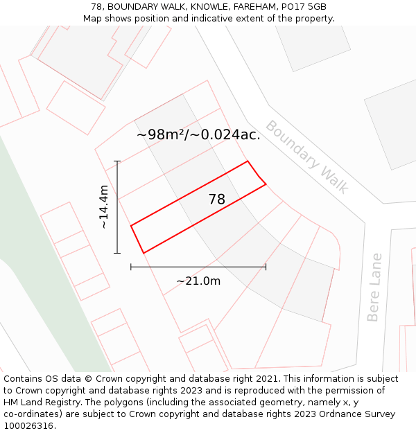 78, BOUNDARY WALK, KNOWLE, FAREHAM, PO17 5GB: Plot and title map