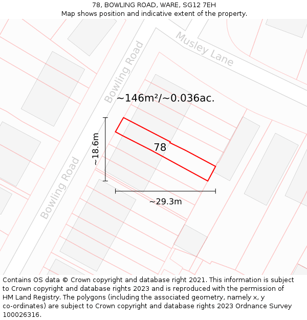 78, BOWLING ROAD, WARE, SG12 7EH: Plot and title map