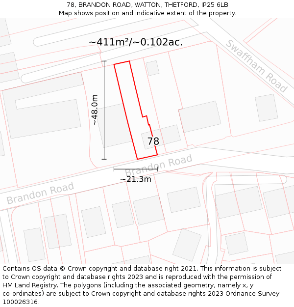 78, BRANDON ROAD, WATTON, THETFORD, IP25 6LB: Plot and title map