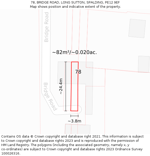 78, BRIDGE ROAD, LONG SUTTON, SPALDING, PE12 9EF: Plot and title map