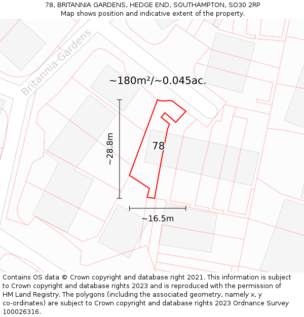 78, BRITANNIA GARDENS, HEDGE END, SOUTHAMPTON, SO30 2RP: Plot and title map