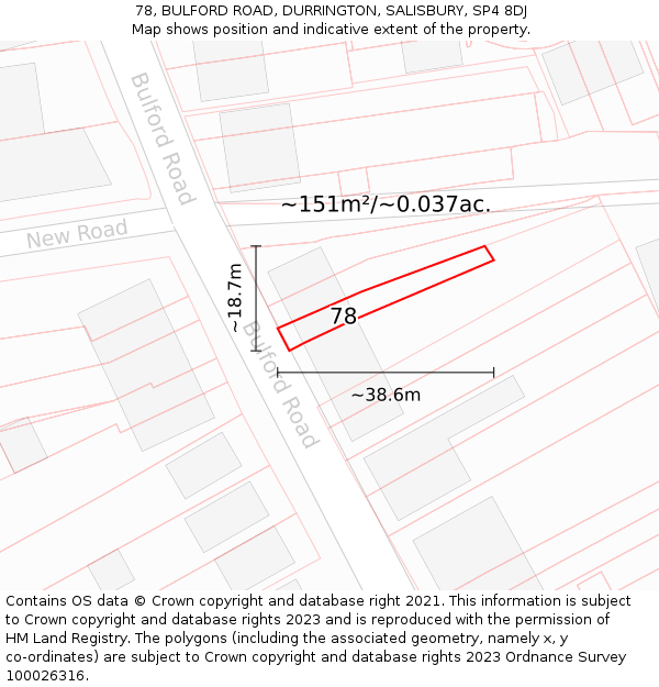 78, BULFORD ROAD, DURRINGTON, SALISBURY, SP4 8DJ: Plot and title map